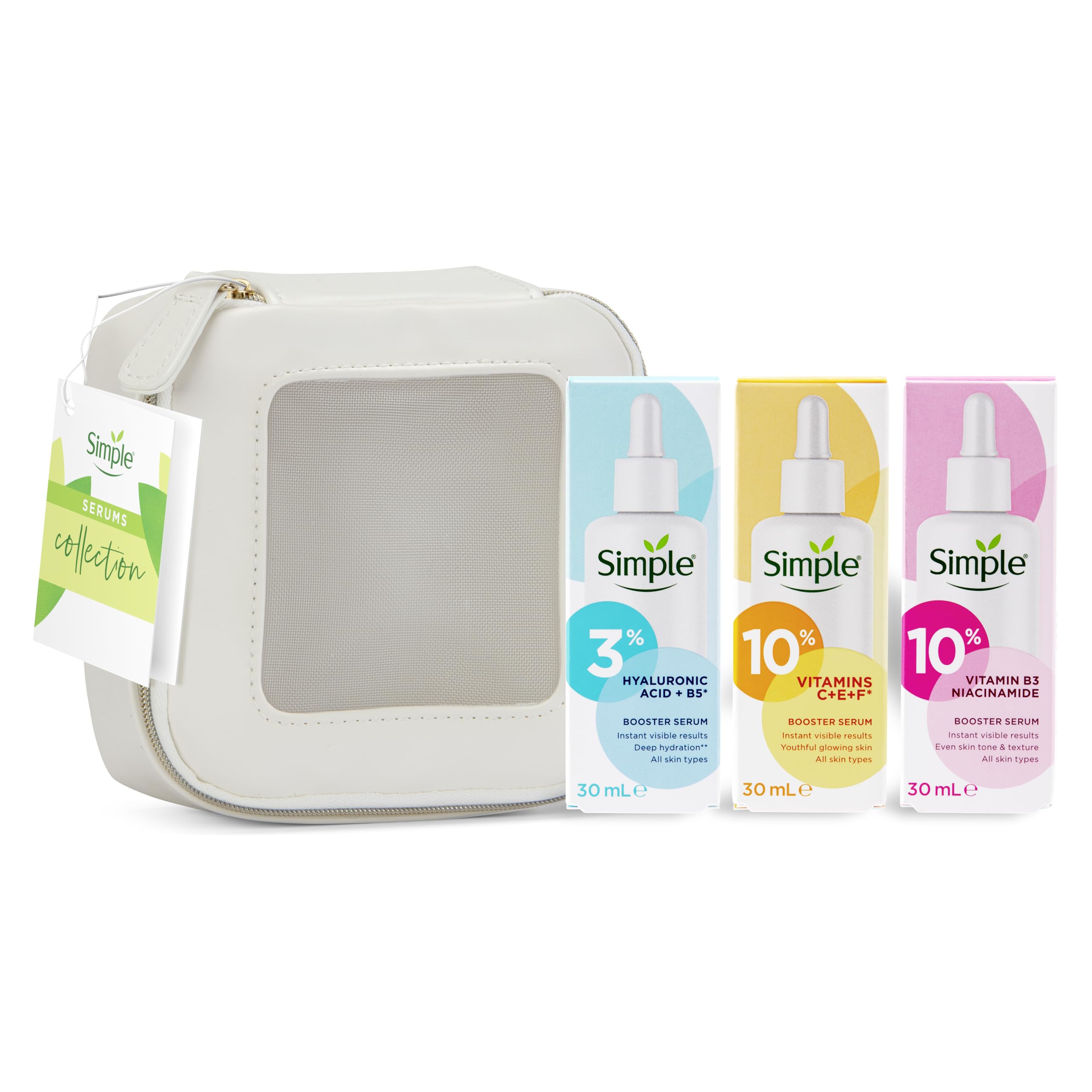 Simple Booster Serum Collection 3 piece Gift Set with a small Travel Beauty Bag