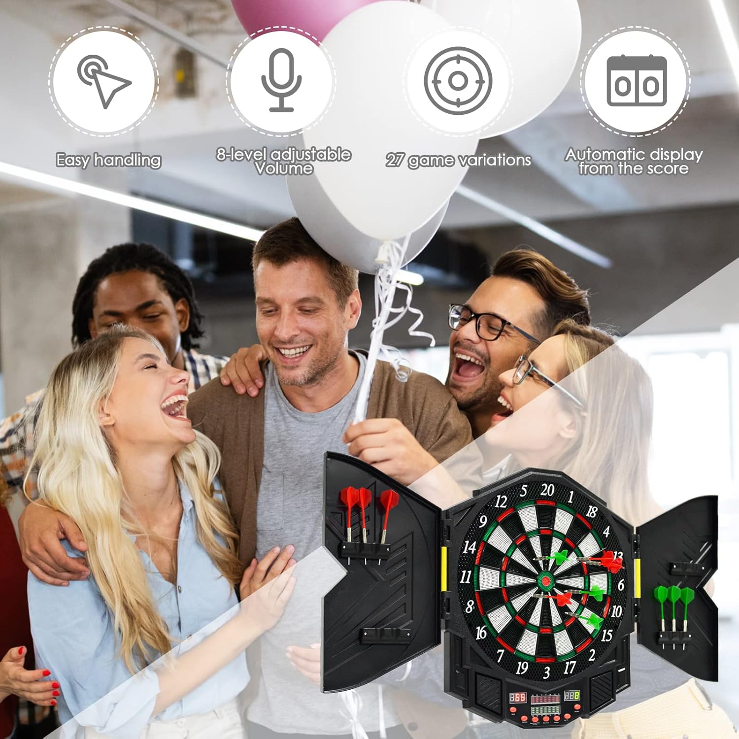 GYMAX Electronic Dart Board Set, Professional Hanging Dartboard with 12 Soft Tip Darts, Cabinet and LED Display, Aileron Target Dartboards for Kids Adults