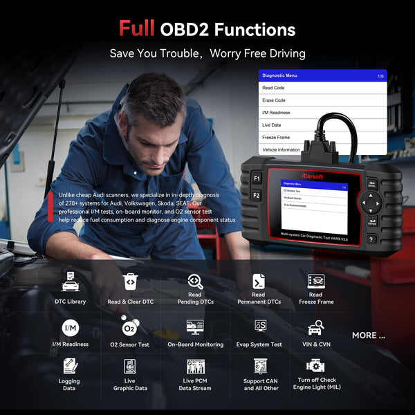 iCarsoft VAWS V3.0 OBD2 Scanner for VW/AUDI/Skoda/SEAT, Full System Diagnostic Tool with 42 Service Function, Oil/EPB/SAS/BMS/ETC/DPF/INJ/SPS, Bi-Directional Car Code Reader, Auto VIN, Lifetime Update