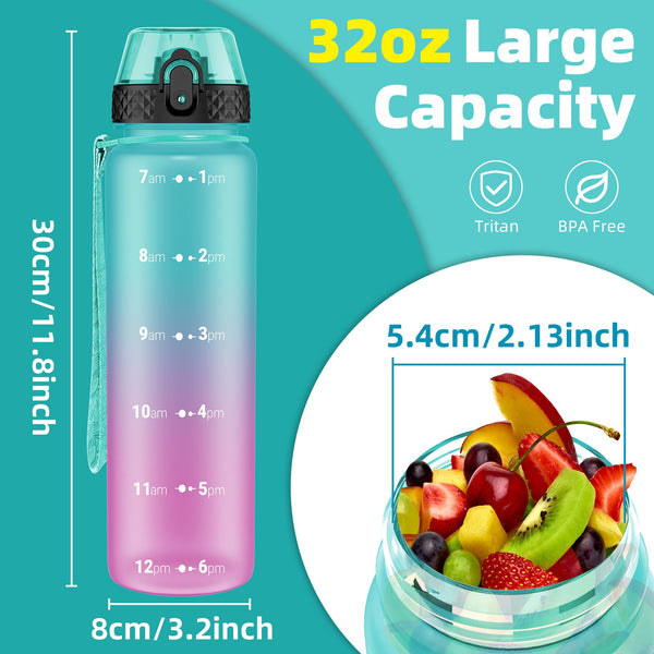 OLDLEY 1L/32oz Sports Water Bottle, 1000ml Motivational Drinks Bottle with Time Markings Leak Proof Drink & Lock Cover & No Straw, BPA Free for Adults Women Men Gym School Cycling Running Hiking