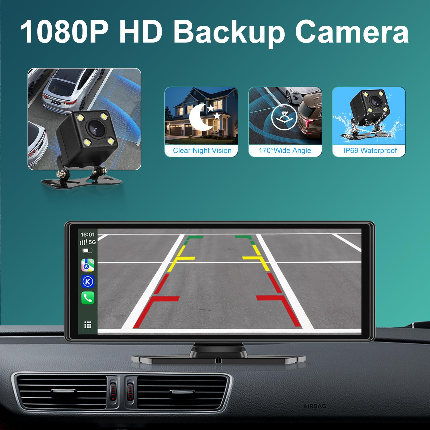 10.26" Wireless Car Stereo for Apple Carplay & Android Auto with 1080P Backup Camera, Touchscreen Car Play Screen with GPS Navigation & Voice Control, Mirror Link,Dual Bluetooth,FM Transmission,AUX