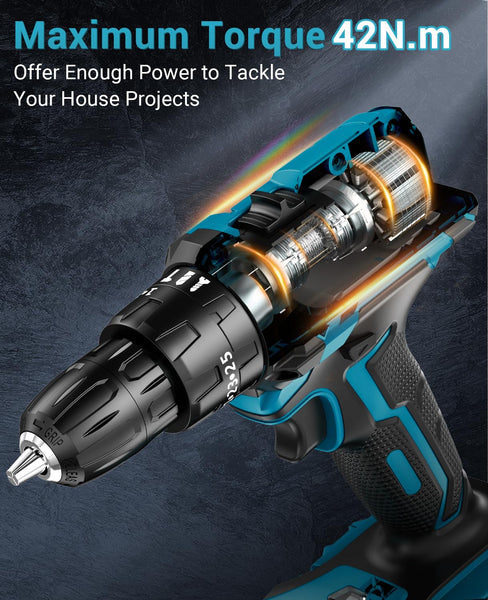 MHPRO Cordless Drill, Power Drill Brushless 21V, Cordless HammerDrill with 2 Batteries 2000mAh, 20+3 Torque, 45N.m Max DrillSet, LED Light, 2 Speed, 14PCS Accessories for Home and Garden DIY Project