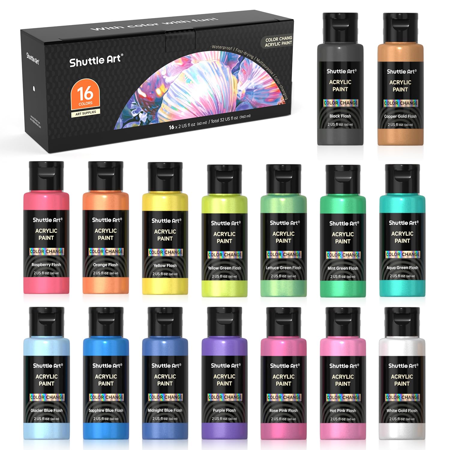 Shuttle Art Iridescent Acrylic Paint Set, 16 Chameleon Colours Colour Change Acrylic Paints in Bottles (60ml/2oz), Non-Toxic for Artists, Beginners on
