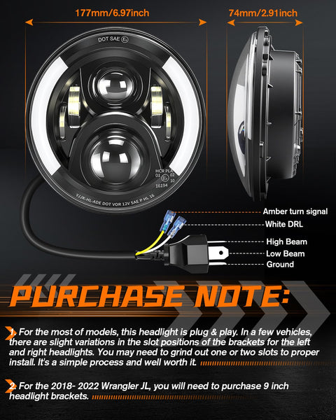 CO LIGHT 7 Inch LED Headlight Round Half Halo Angel Eyes DRL Amber Turn Signal Lights DOT and E-Mark Approved, H6024 LED Headlights with H4 H13 Adapter Compatible for Wrangler JK TJ LJ CJ, 2PCS