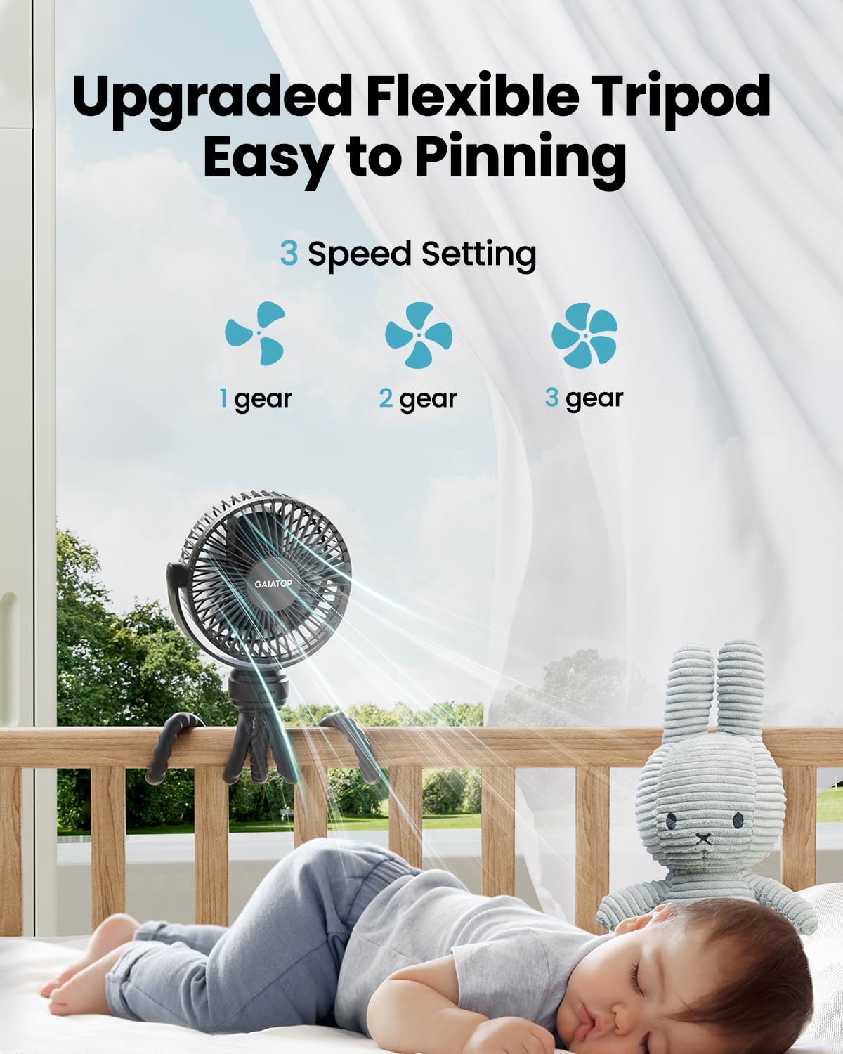 Gaiatop Mini Portable Pram Fan, Rechargeable Small Clip on Fan for Stroller, Detachable 3 Speed 360 Degree Rotate Flexible Tripod Handheld Desk Cooling Car Seat Crib Treadmill Travel Black (SF40)