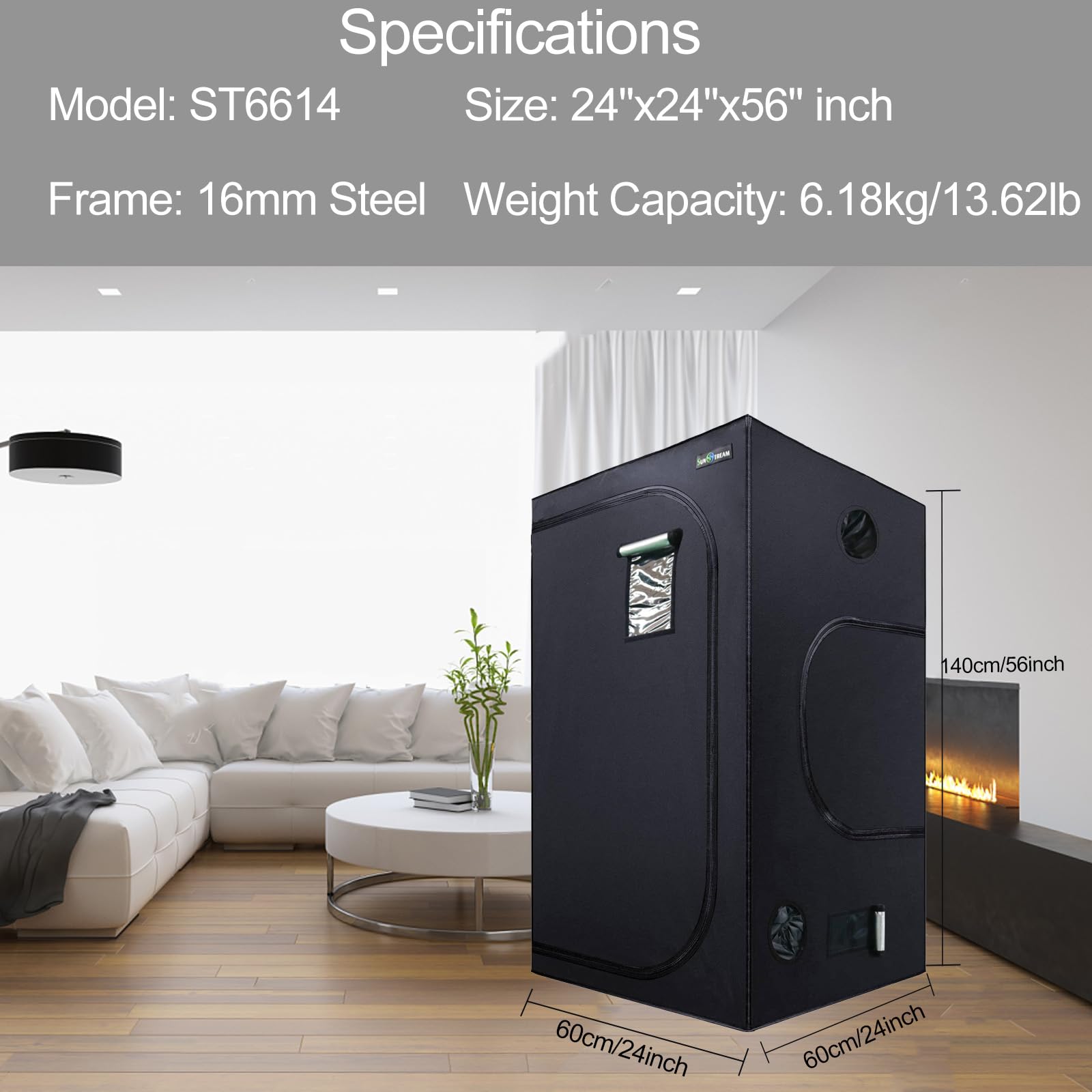 Sunstream Hydroponic Grow Tent 24"x24"x56"(60x60x140cm) for Indoor Seedling Plant Growing, Water-Resistant LightProof 2x2 FT Small Mushroom Indoor