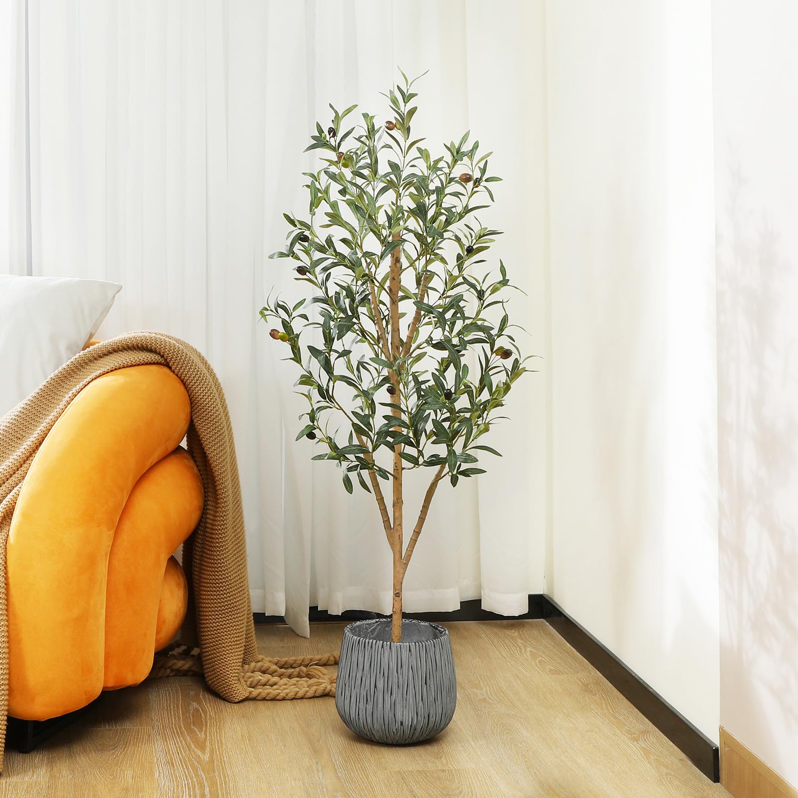Fopamtri Artificial Olive Tree 120 cm Large Fake Plants, Artificial Silk Plants with Natural Wood Trunk and Lifelike Olive Leaves in Pot for Home,