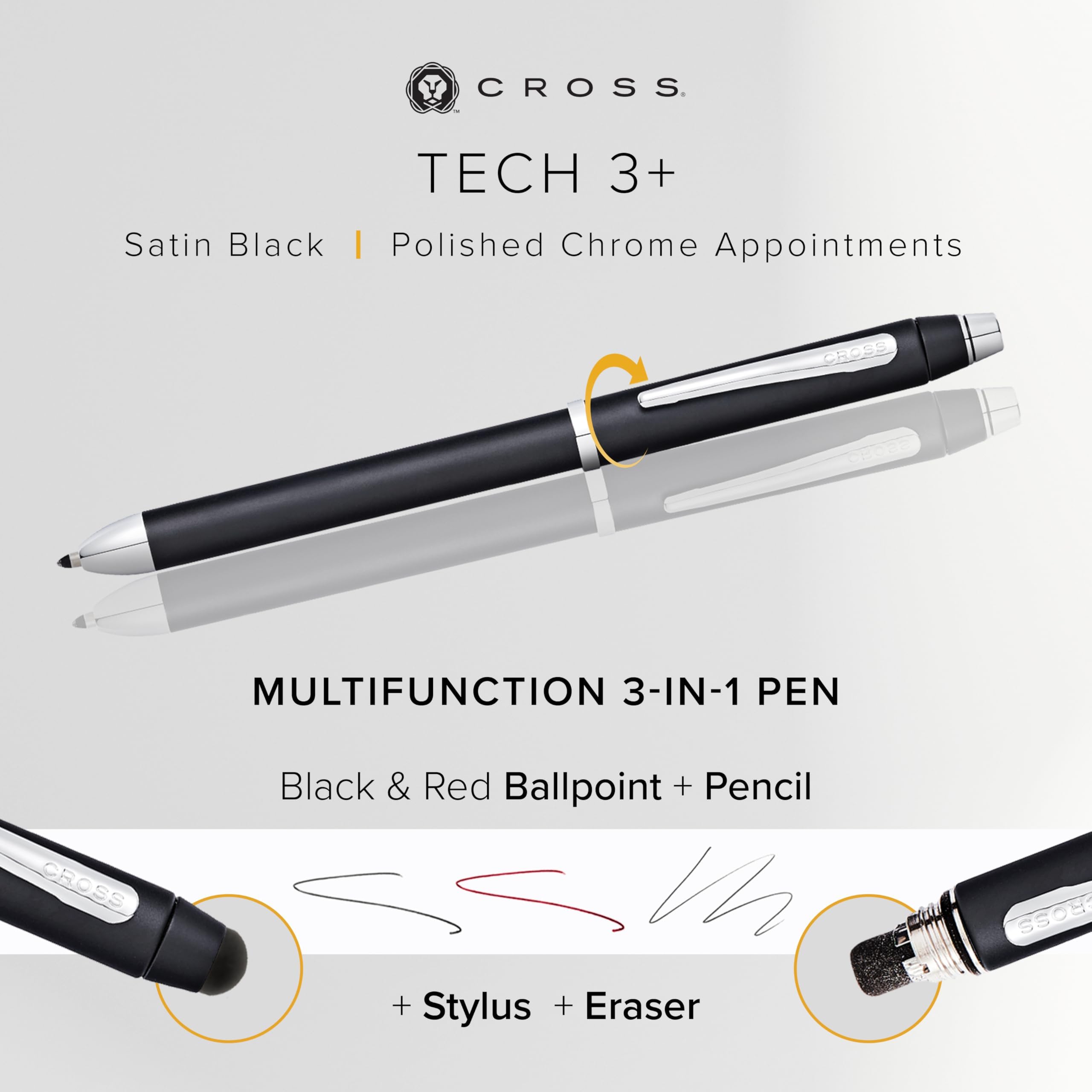 CROSS Tech3+ Satin Black Multi-Function Ballpoint Pen with Stylus incl. Premium Gift Box – Refillable Ballpen & Pencil
