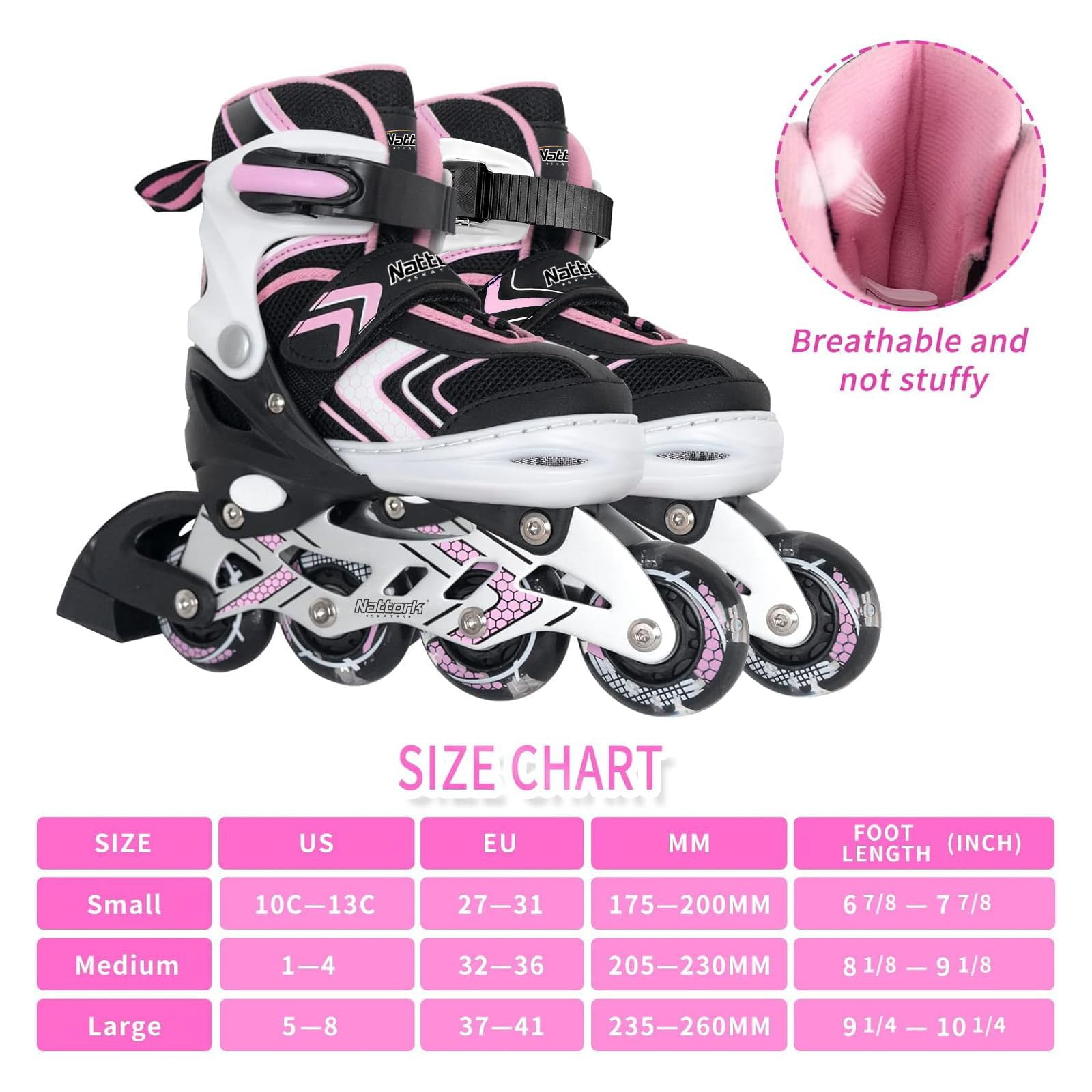 Nattork Roller Skates for Girls with Full Light up Wheels, Adjustable Beginner Inline Skates for Youth, Pink Ages 8-12