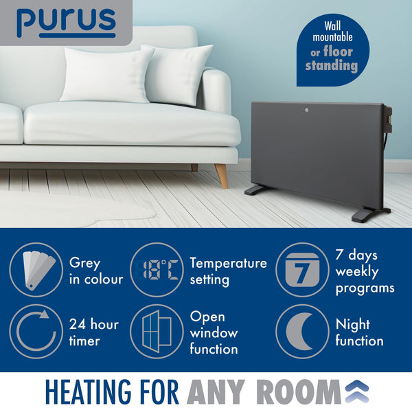 Purus 600W Grey Electric Radiator Heaters for Home, Bathroom Safe Electric Heater Setback Timer Lot 20 & Advanced Thermostat Control Wall Mounted or Floor Standing Low Energy Panel Heater
