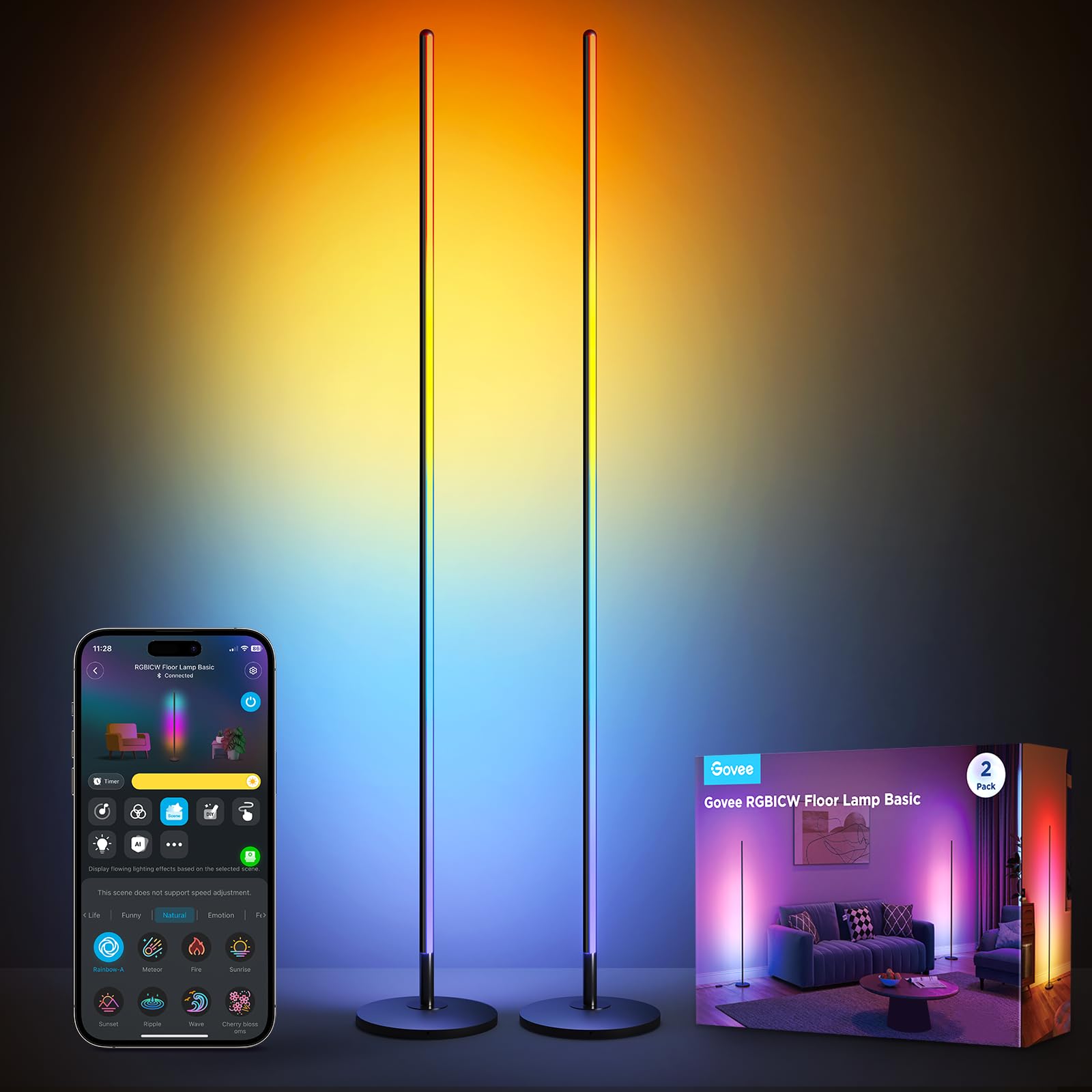 Govee LED Floor Lamp, RGBIC Modern Corner Lamp, Smart Standing Lamp with 61 Scene Modes,Music Sync, Black Corner Floor Lamp for Living Room, Bedroom