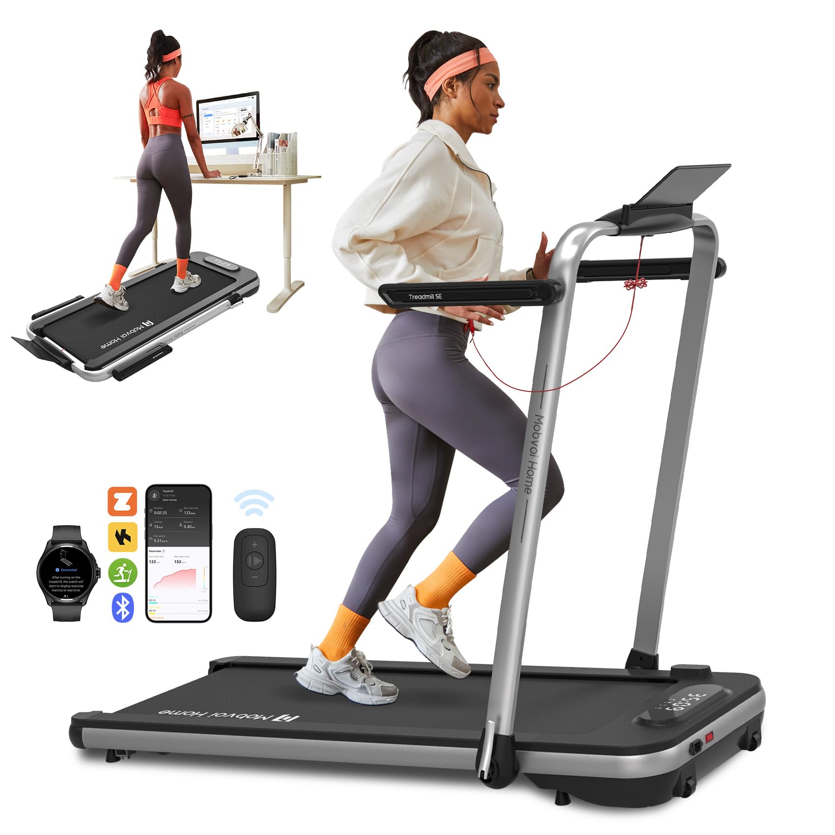 Mobvoi Home Treadmill SE 3 in 1 Foldable Treadmill for Home Walking Pad 2.5 HP Compact Portable folding Under Desk Running Machine with Remote Control LED Display for Home Office 12 km/h