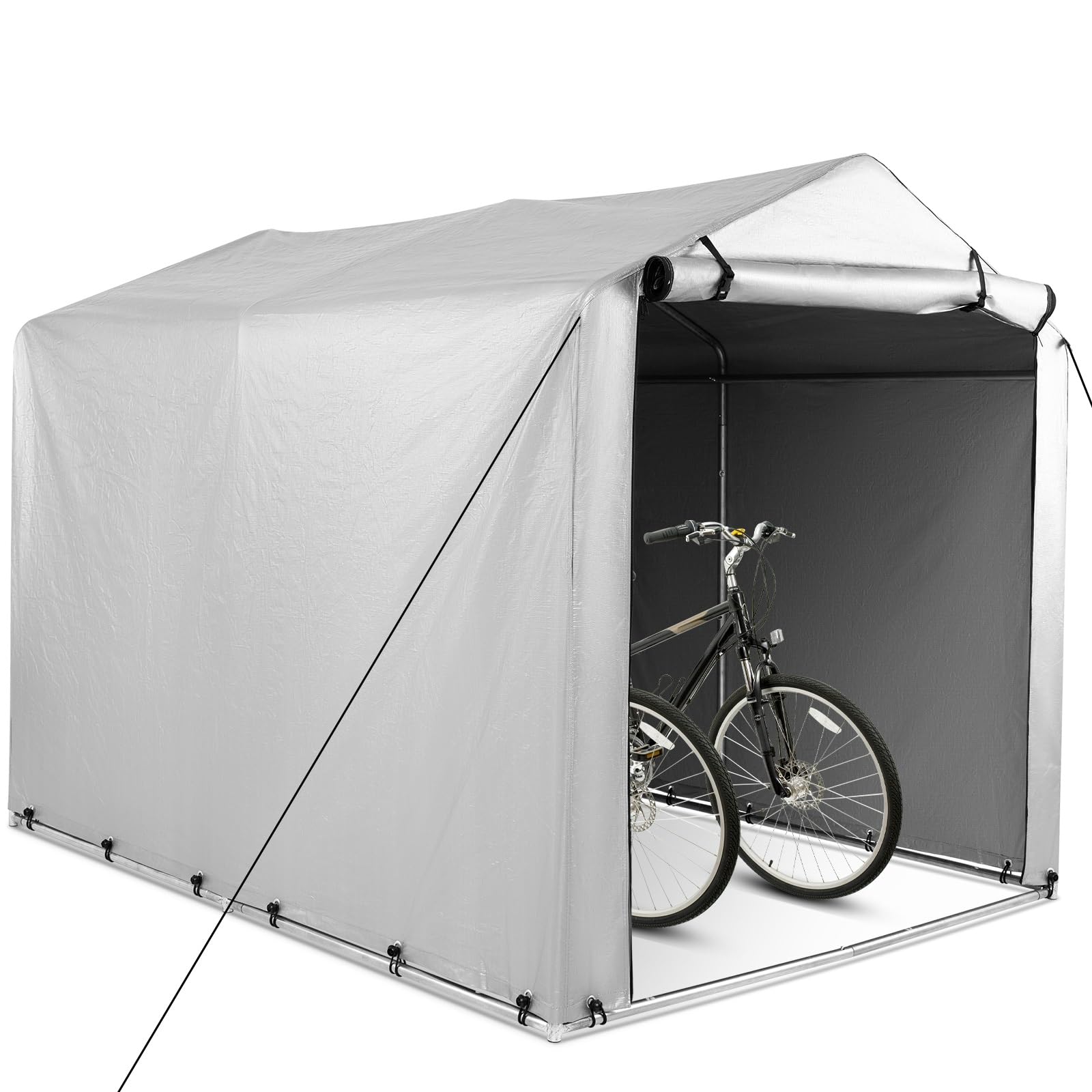 COSTWAY 7x5.2FT Outdoor Storage Shed, Waterproof Garden Bike Tent with Roll-up Zipper Door and Gloves, Galvanized Steel Motorcycle Tool Storage Shelter Carport for Patio Yard Garage (Dark Grey)