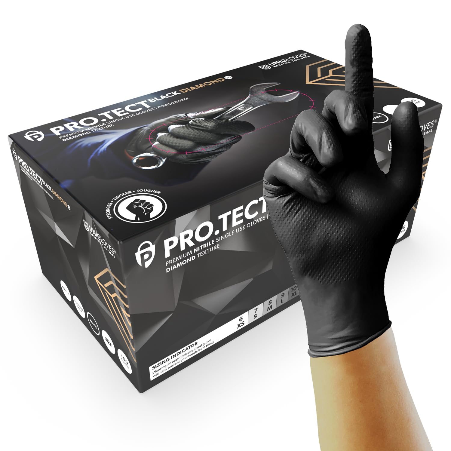 UNIGLOVES PRO.TECT Black Diamond HD, Nitrile Disposable Gloves, Beaded Cuff, Diamond Textured, Extra Strong and Maximum Protection, Touchscreen, Size L GA013