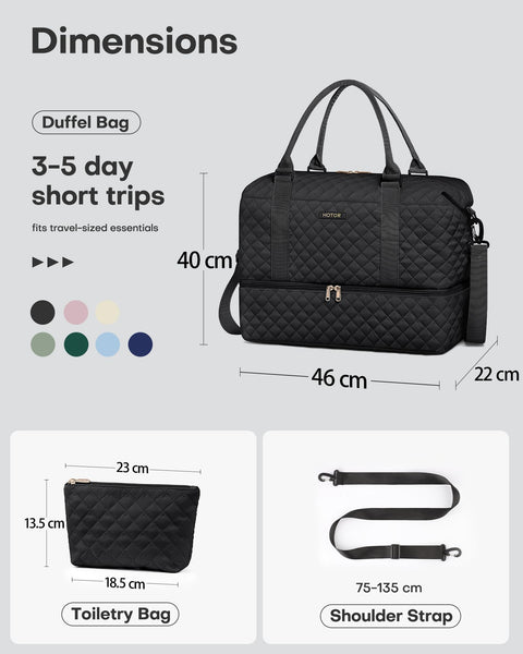 HOTOR Travel Bags for Women - Lightweight Overnight Holdall Bag, Large Carry on Luggage Weekend Bag with Shoe Compartment & Toiletry Bag, Travel Duffel Sport Gym Tote, Black, 34.0 x 45.0 x 20.0 cm