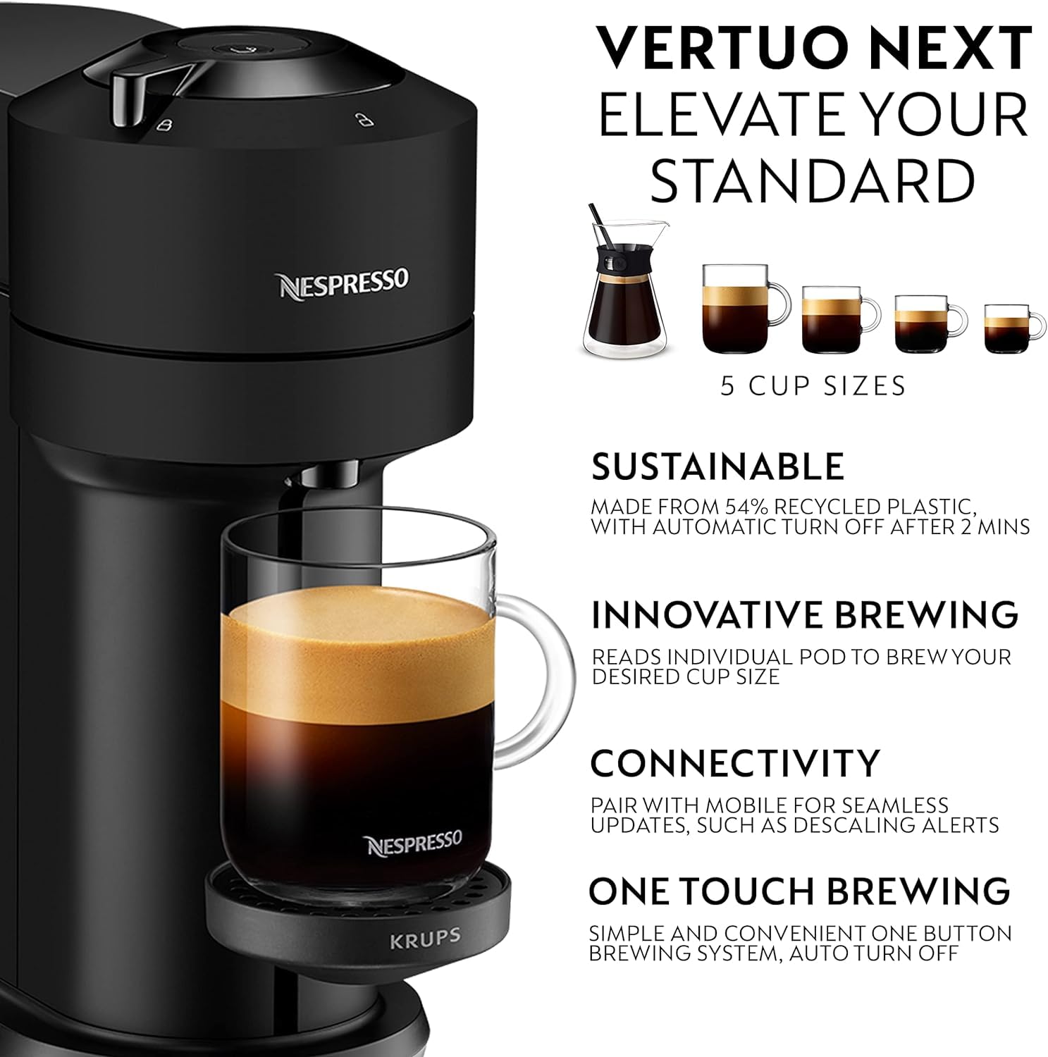 Nespresso Vertuo Next Coffee Machine, Centrifusion Technology, Wi-Fi and Bluetooth Enabled, Energy Saving Design, Multiple Cup Sizes, Compatible with