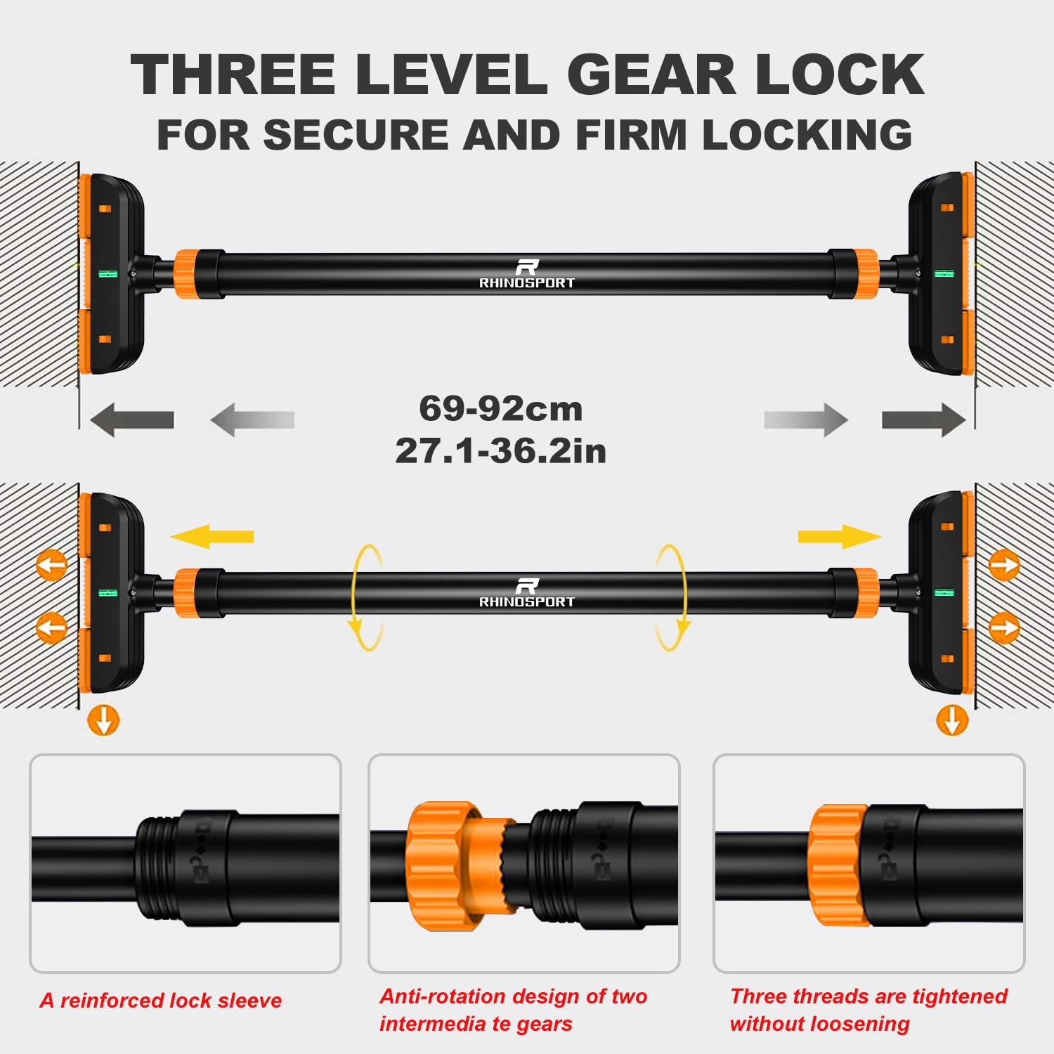 RHINOSPORT Door Pull Up Bar Doorway Chin Up Bar from 72-95 cm (28.3in-37.4in) Workout Equipment No Screws
