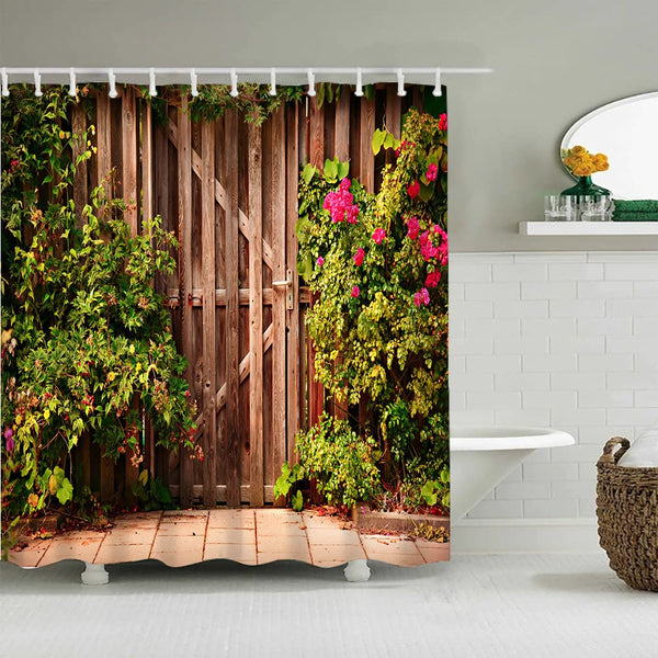 JIANGLANY Outdoor Shower Curtain, 71 Inches, Wooden Fence Garden Scenery, Machine Washable, Quick Dry, 12 Hooks
