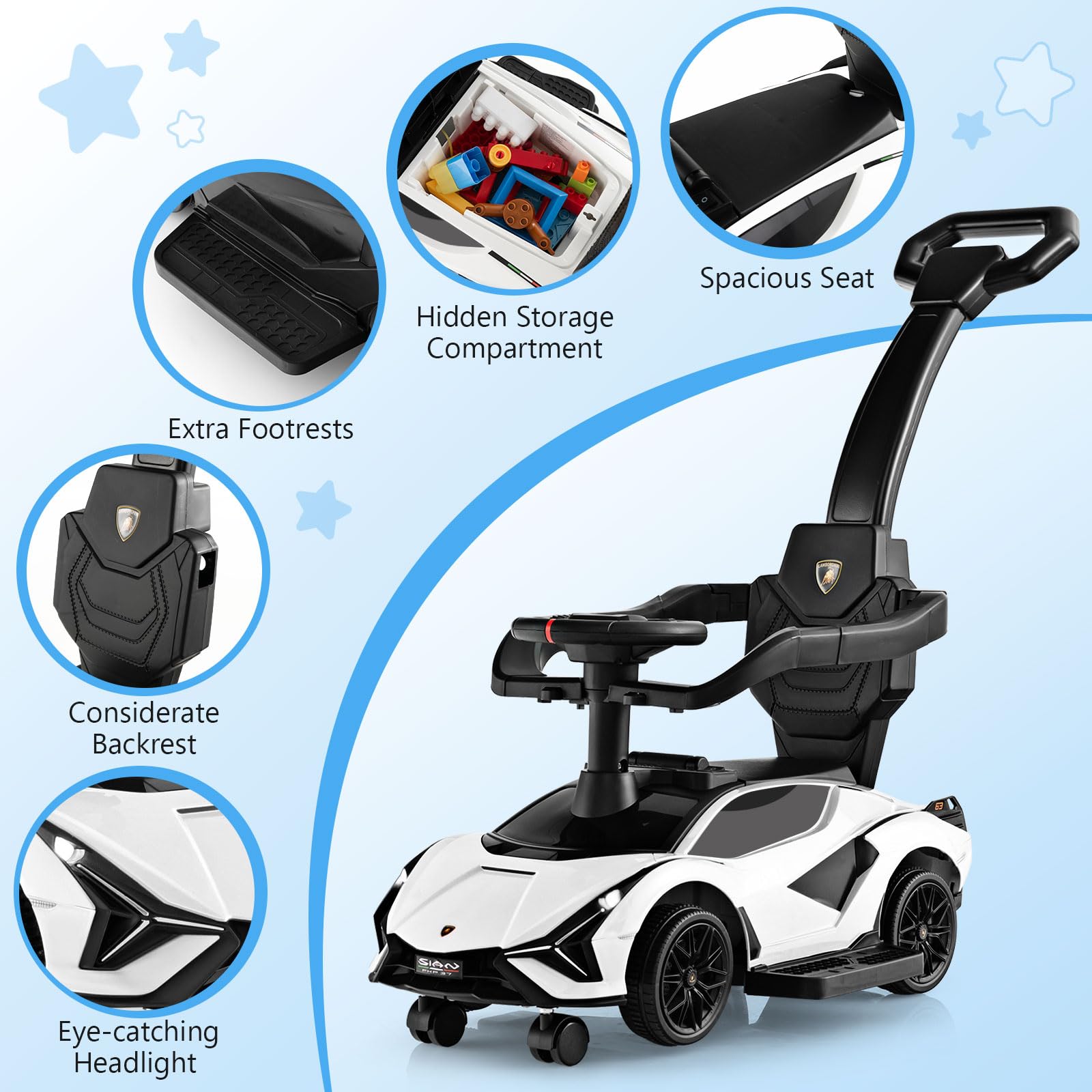 GYMAX 3 in 1 Kids Ride on Push Car, Licensed Lamborghini Push Along Car with Handle, Guardrails, USB Port, Music & Lights, Underneath Storage, Toddler Sliding Toy for 18-60 Months Boys Girls (Black)