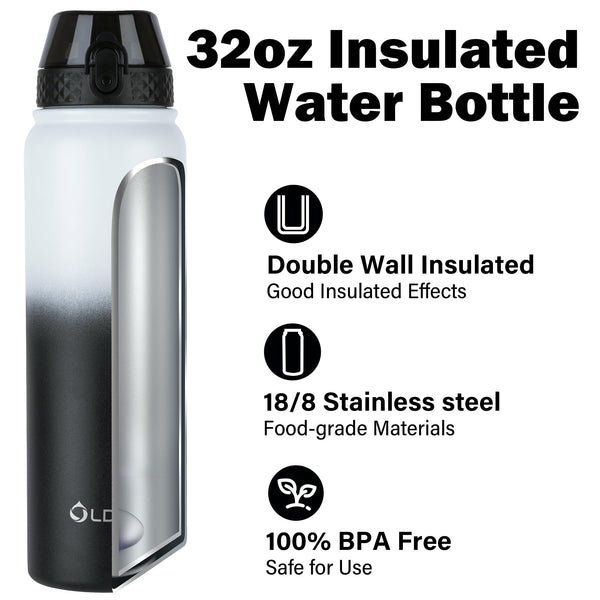 OLDLEY Stainless Steel Water Bottle with Straw 1L Vaccum Insulated Large Drink Flask Metal Water Bottles 1 Litre Leakproof Keep Drinks Hot Cold for Sports Gym with Different Lids(Purple Green, 3 Lids)