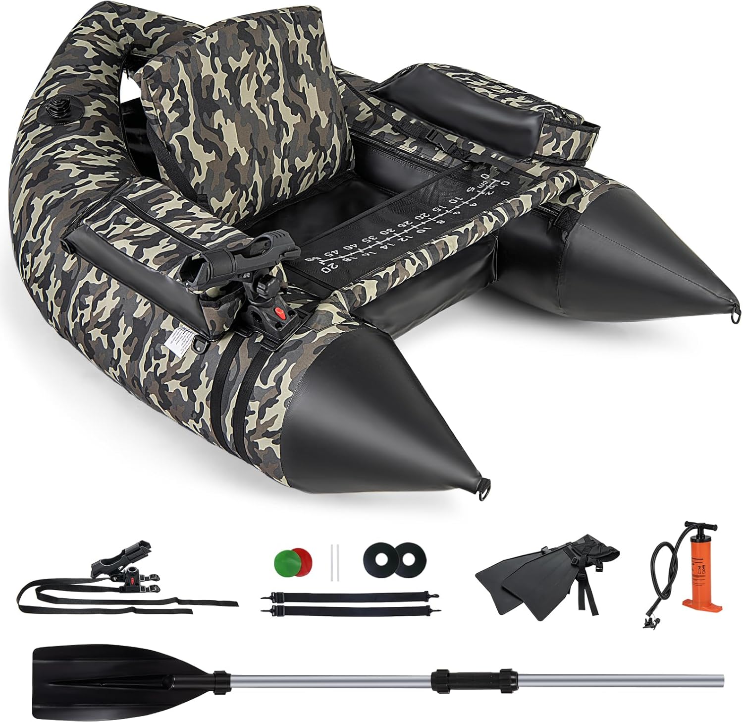 COSTWAY Inflatable Fishing Float Tube, Fishing Boat with Pump, Adjustable Shoulder Straps, Paddle, 2 Pockets, Fish Ruler, Rod Holder & Flippers, 150kg Load Capacity Adult Belly Boat, 150 x 110 x 50cm