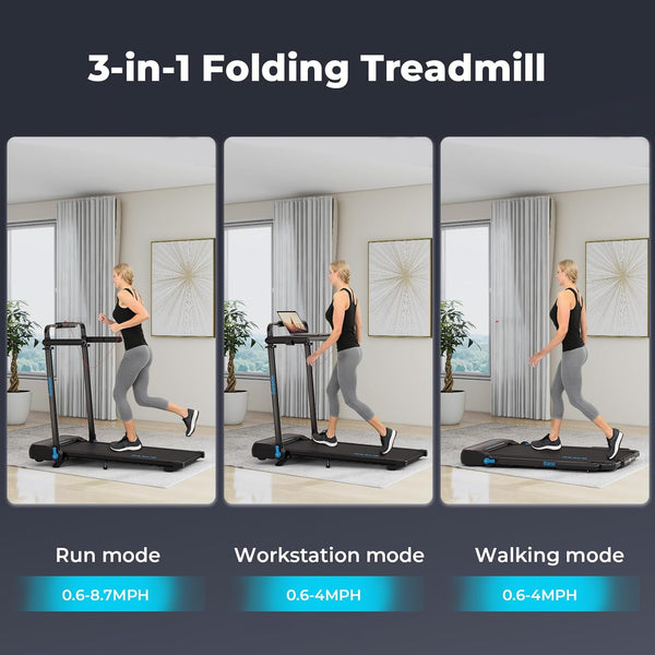 Treadmills Foldable 1–14KM/H with 10% Incline 3.0HP Walking Pad with Desk Removable & Handrail Running Machine for Home/Office Jogging LED Display App Support