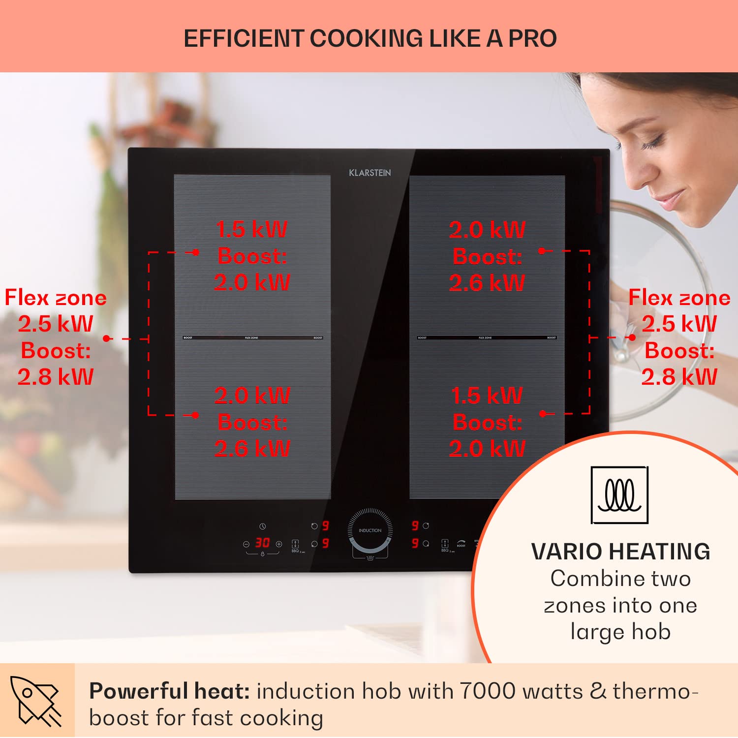 Klarstein Induction Hob, 7000W Electric Hobs Induction Cooker, 4 Ring Electric Pan Hob, Built-In Table Top Cookers w/ 4 Hobs, Touch Control, Inductions Heater Cooktops, Hot Plates for Cooking