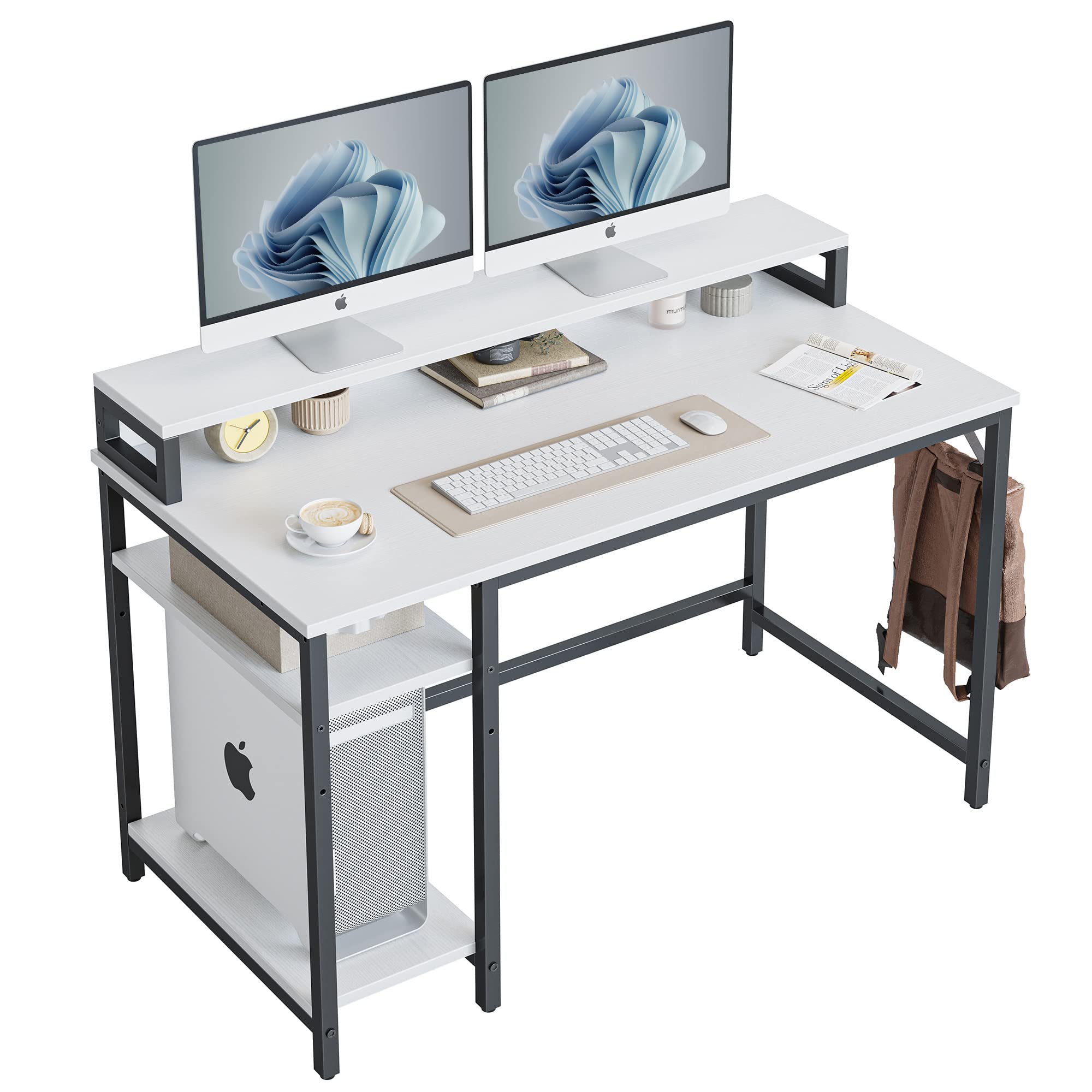 CubiCubi Computer Desk with Monitor Stand and Storage Shelves, 120cm Home Office Desk Study Writing Table, White