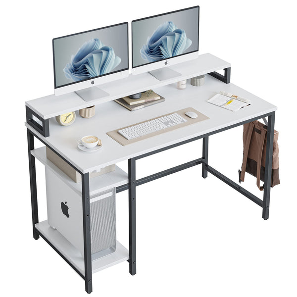 CubiCubi Computer Desk with Monitor Stand and Storage Shelves, 120cm Home Office Desk Study Writing Table, White