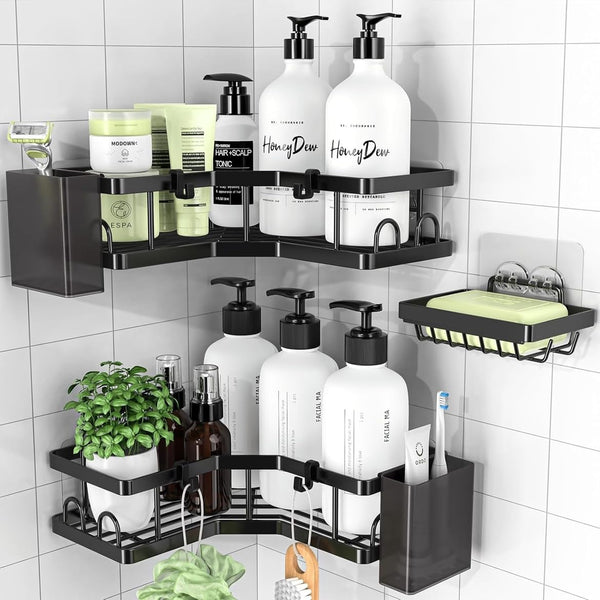 PKBD Corner Shower Caddy 3 Pack,Bathroom Storage No Drilling,shower storage with Soap Holder&Hooks&Toothpaste Holders,Bathroom or Kitchen,Rustproof
