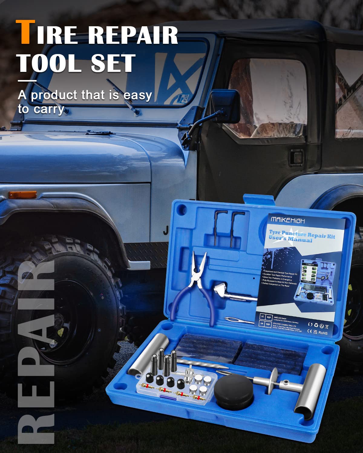 MAIKEHIGH Heavy Duty Tyre Puncture Repair Kit, 69Pcs Tubeless Car Tyre Plug Set for Auto, ATV, Truck, Tractor, Motorcycle, Off-Road (Blue)