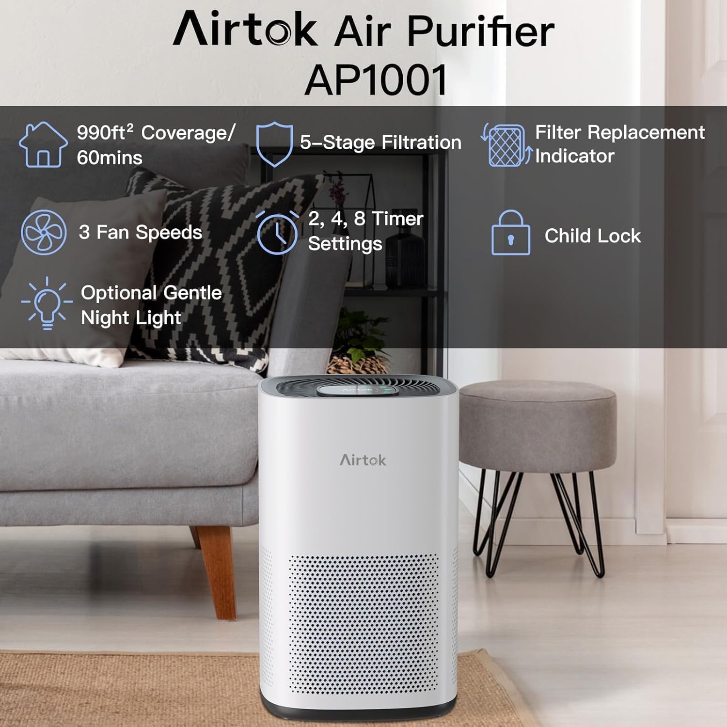 AIRTOK Air Purifiers for Home Pets in Bedroom, Covers Up to 1190 Sq Ft. H13 HEPA Air Cleaners With Sleep Mode 3 Fan Speed, Removes 99.97% of