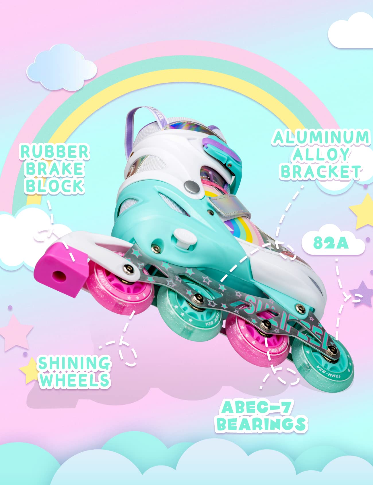 SULIFEEL Rainbow Unicorn Adjustable Light up Inline Skates for Kids Girls and Boys Beginner Skates with Illuminating Wheels,Medium?