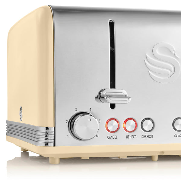 Swan ST19020CN Retro 4-Slice Toaster with Defost/Reheat/Cancle Functions, Cord Storage, 1600W, Retro Cream