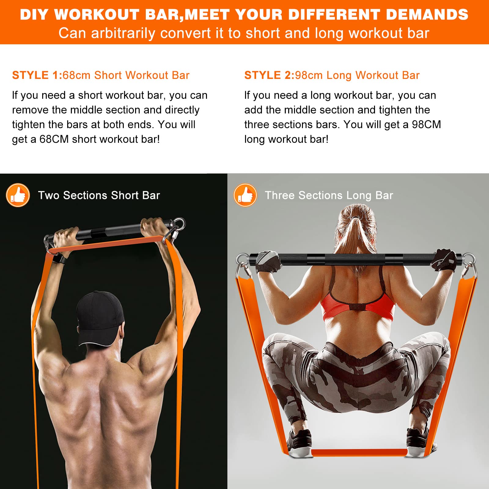 DASKING Resistance Bands Bar, Portable Fitness Workout Bars with Triangle Hooks, Detachable Stick x3 to 98cm/68cm Exercise Bar for Pilates, Yoga,