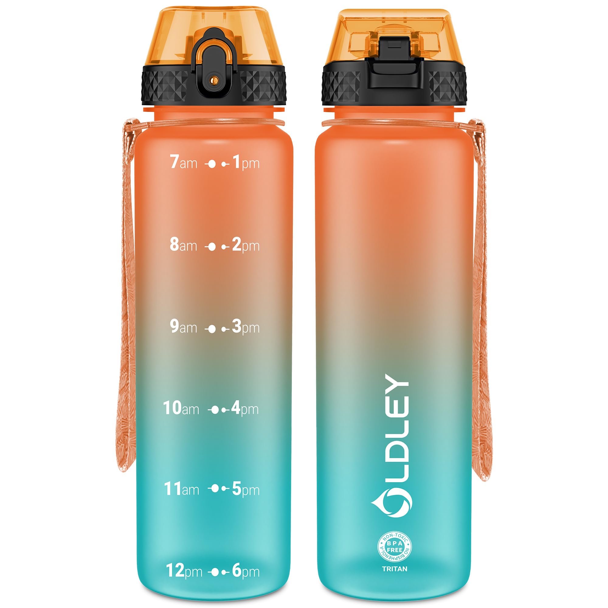 OLDLEY 1L/32oz Sports Water Bottle, 1000ml Motivational Drinks Bottle with Time Markings Leak Proof Drink & Lock Cover & No Straw, BPA Free for Adults Women Men Gym School Cycling Running Hiking