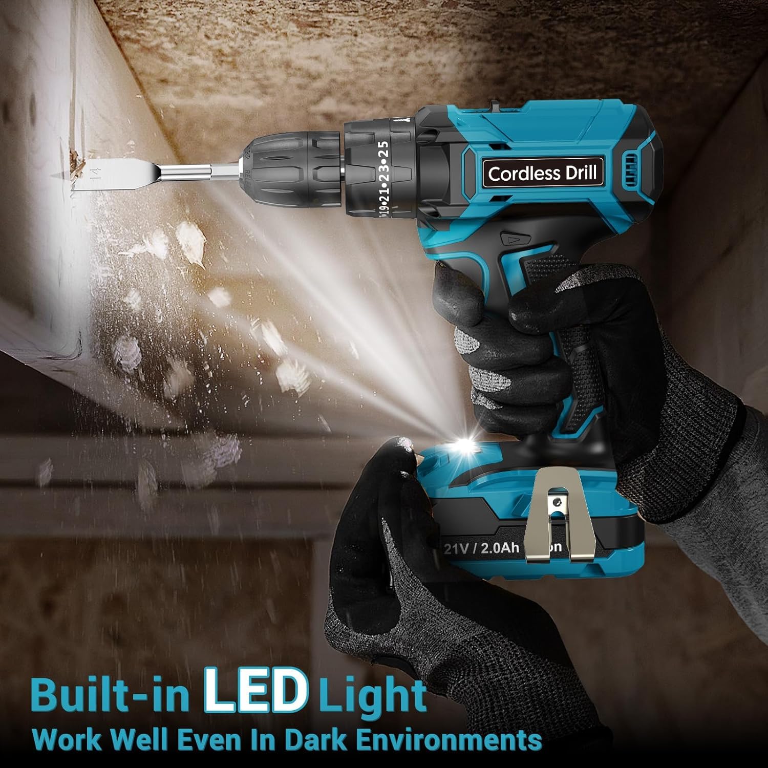 MHPRO Cordless Drill, Power Drill Brushless 21V, Cordless HammerDrill with 2 Batteries 2000mAh, 20+3 Torque, 45N.m Max DrillSet, LED Light, 2 Speed, 14PCS Accessories for Home and Garden DIY Project