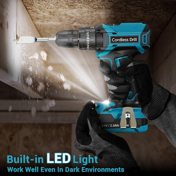 MHPRO Cordless Drill, Power Drill Brushless 21V, Cordless HammerDrill with 2 Batteries 2000mAh, 20+3 Torque, 45N.m Max DrillSet, LED Light, 2 Speed, 14PCS Accessories for Home and Garden DIY Project