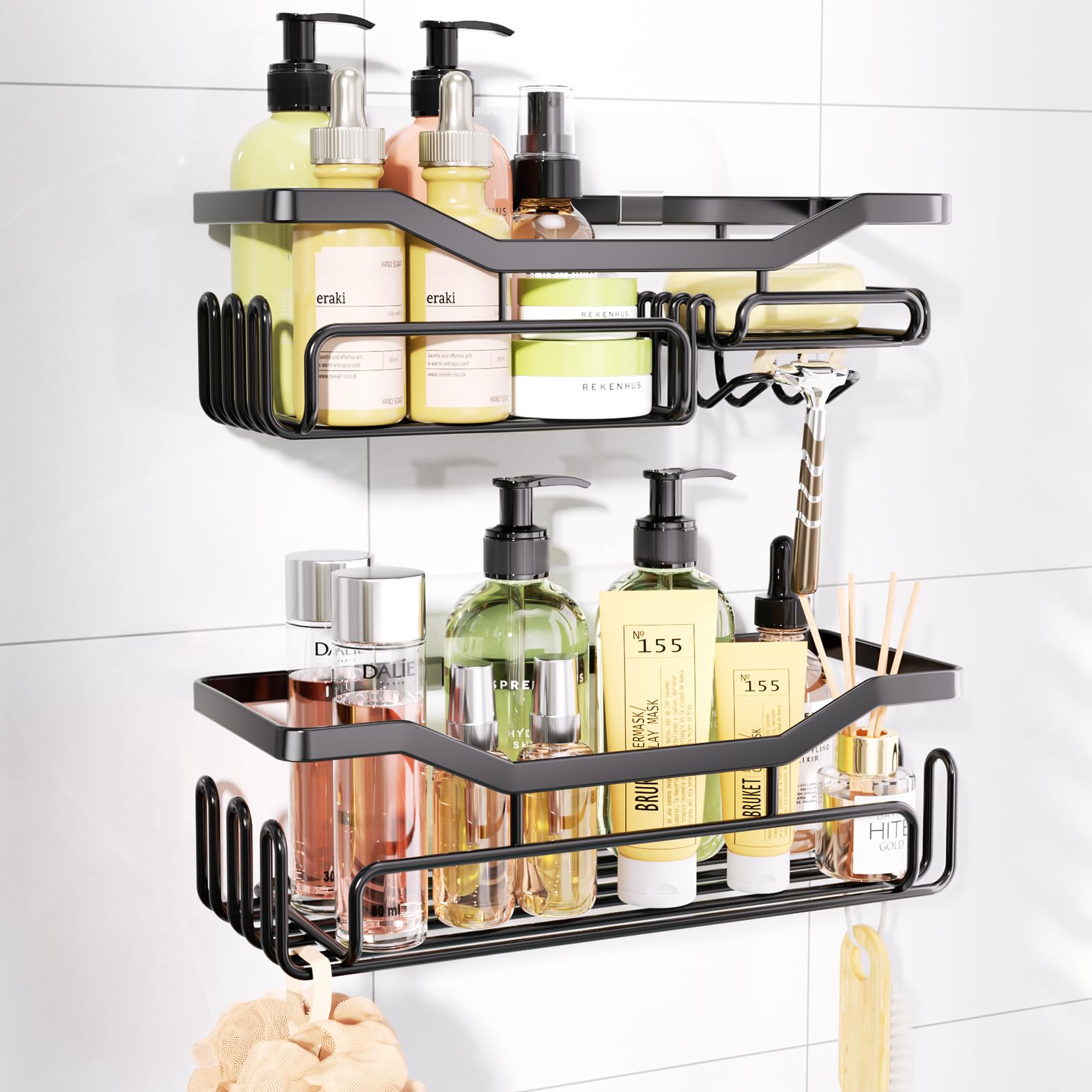 HapiRm Storage Shower Shelves, Shower Caddy organiser with 11 Hooks, Shelf with Razor Holder,Soap Dish,Towel Hook Bathroom Accessories Black,3