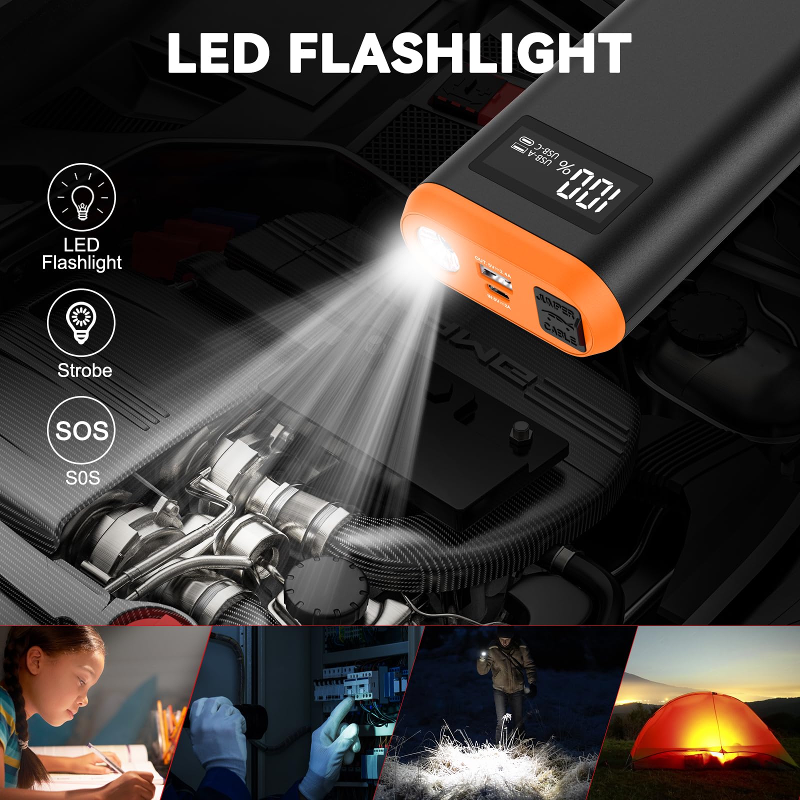 GREPRO Jump Starter Power Pack (up to 6.5L Gas, 4.0L Diesel), 2000A Car Battery Booster Jump Starter and Jump Pack for 12V Vehicles, Motorcycle, Battery Booster with LCD Screen and LED Flashlight