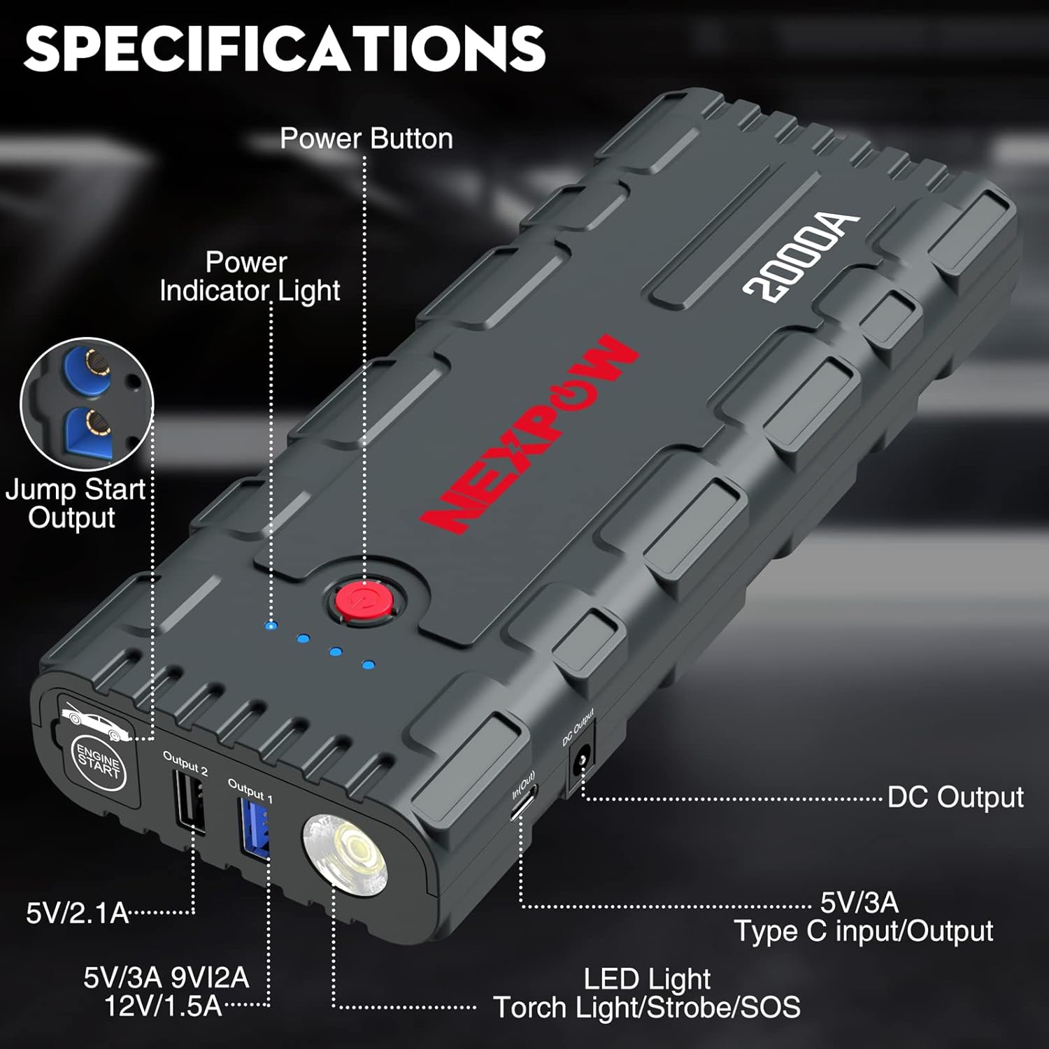 NEXPOW 2000A Peak Car Jump Starter with USB Quick Charge 3.0 (Up to 7.0L Gas or 6.5L Diesel Engine), 12V Portable Battery Starter, Battery Booster with Built-in LED Light
