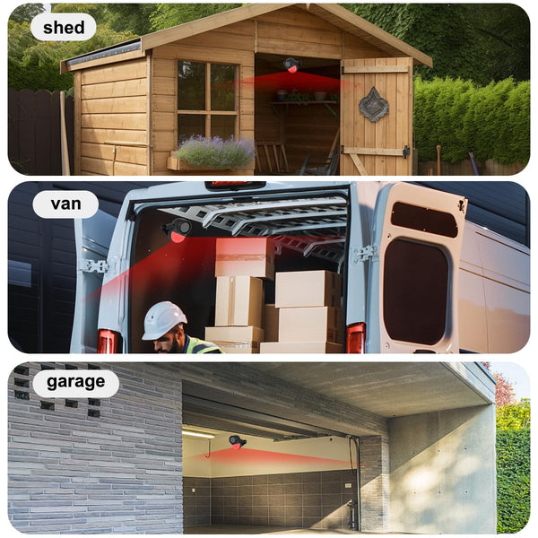 Shed Alarm, Shed Security Alarm for Home / Ranch / Van / Carport / Shop Infrared Detection Technology with 328ft Remote SOS Button Battery Powered 125db Extra Loud - Black