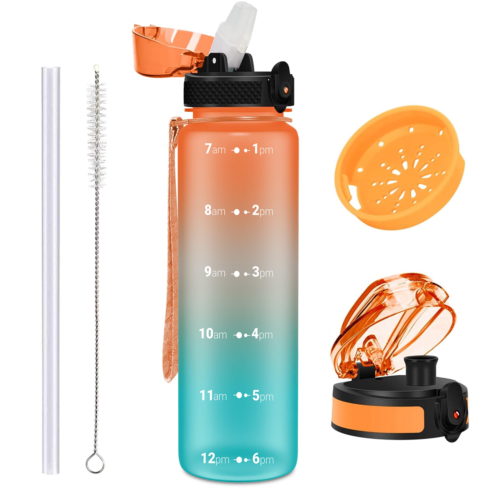 OLDLEY 1L/32oz Sports Water Bottle, 1000ml Motivational Drinks Bottle with Time Markings Leak Proof Drink & Lock Cover & No Straw, BPA Free for Adults Women Men Gym School Cycling Running Hiking