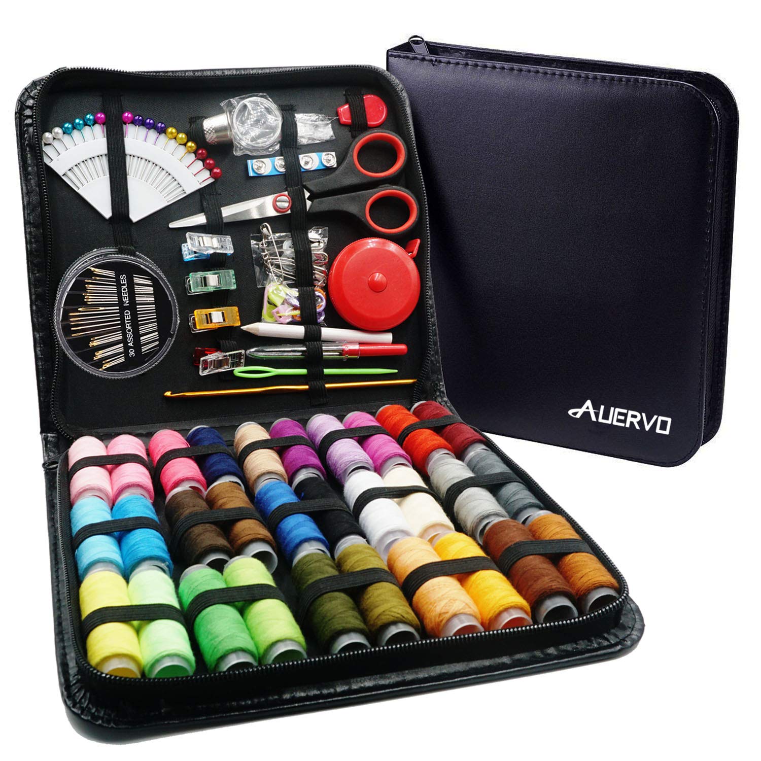 Sewing Kit,AUERVO 116 Premium Sewing Supplies with PU Case, 30 XL Thread Spools,Mini Sewing Kits for DIY, Beginners,Emergency,Kids,Summer Campers,