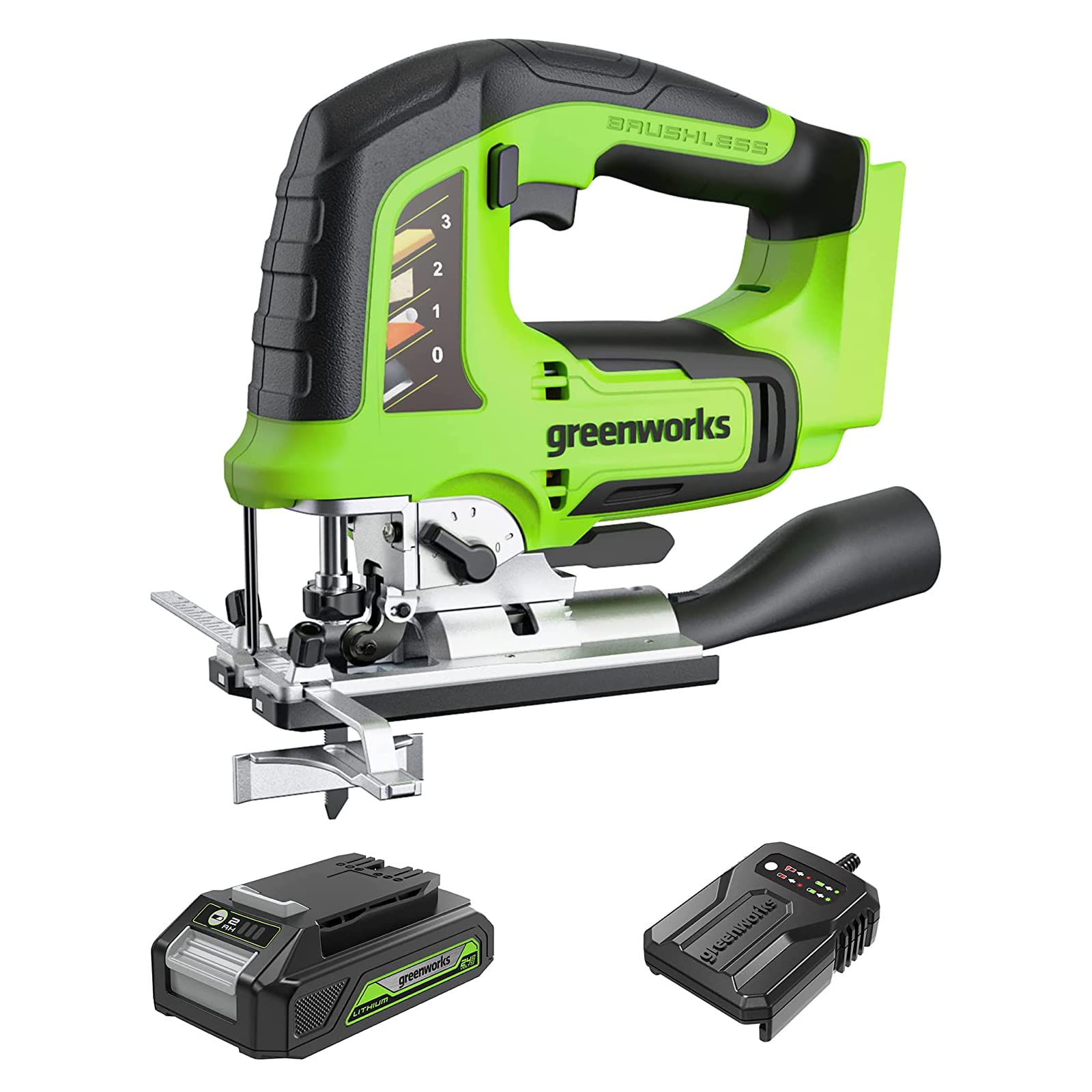 Greenworks GD24JS Cordless Jigsaw, 3000spm, Adjustable Base up to 45°, Vacuum Attachment WITHOUT 24V Battery & Charger, 3 Year Guarantee
