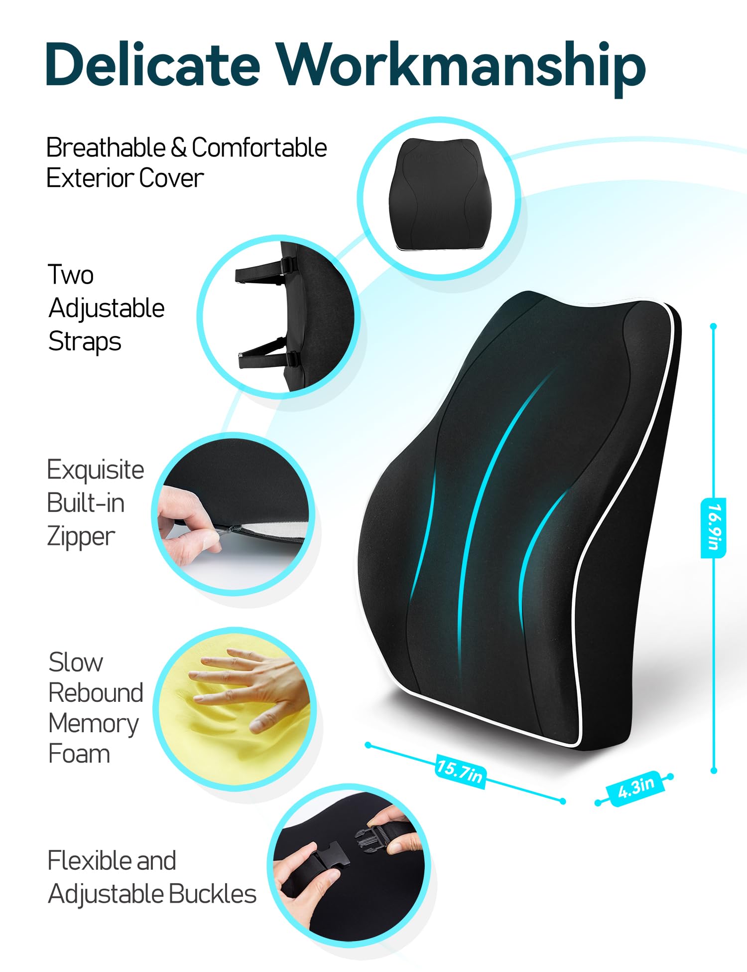 Travel Ease Ergonomic Lumbar Support Cushion, Memory Foam Back Support Cushion for Office Chairs with Skin-friendly Cover for Comfort (Black)