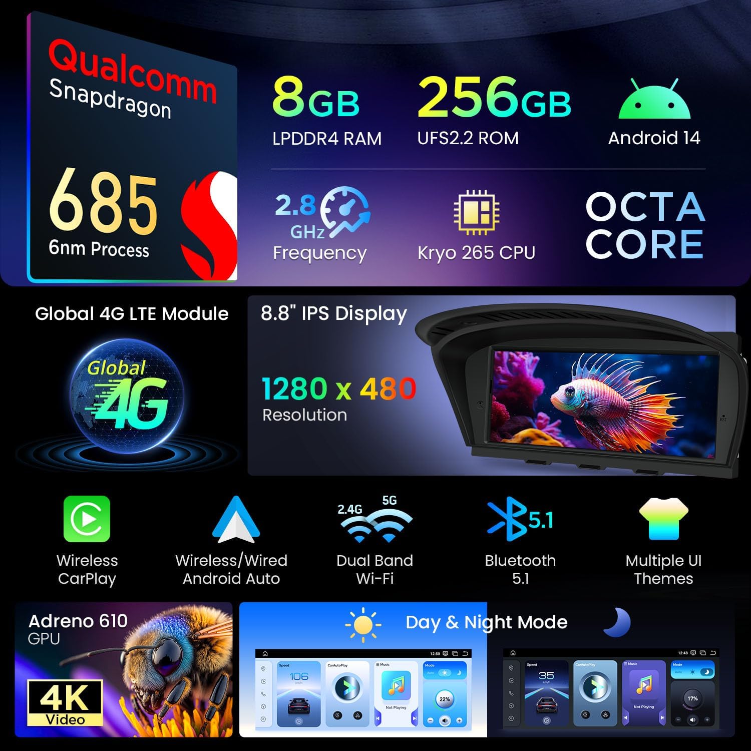 XTRONS 8.8" Car Stereo Android Octa-Core 4+64GB for BMW 3 Series E90 E91 5 Series E60 E61 (2005-2008) w CCC system Touch IPS Screen GPS navigation, w 4G LTE CarAutoPlay Android Auto Support AHD Camera