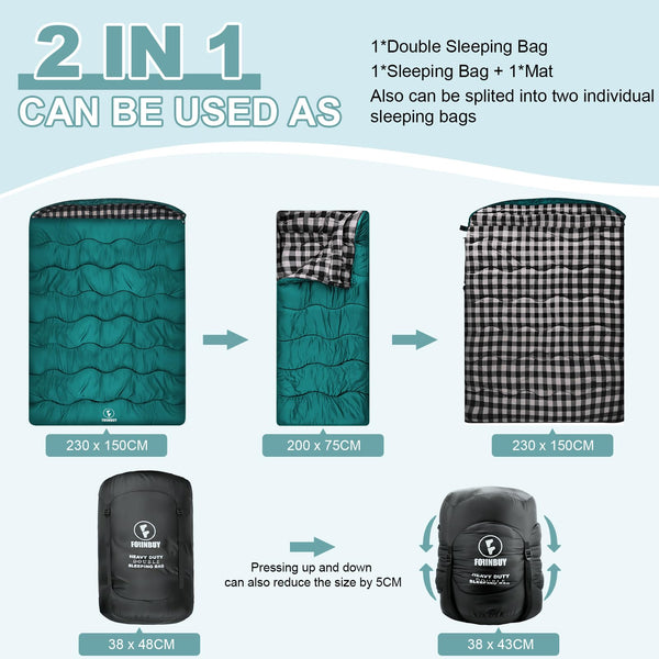 FORINBUY Winter Cotton Flannel Double Sleeping Bag for Adults - 0 degree Queen Size 2 Person Sleeping Bag, Waterproof & Warm for Cold Weather, Ideal for Couples, Family Camping & RV Travel