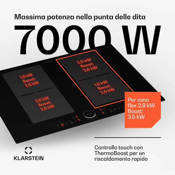 Klarstein Induction Hob, 7000W Electric Hobs Induction Cooker, 4 Ring Electric Pan Hob, Built-In Table Top Cookers w/ 4 Hobs, Touch Control, Inductions Heater Cooktops, Hot Plates for Cooking