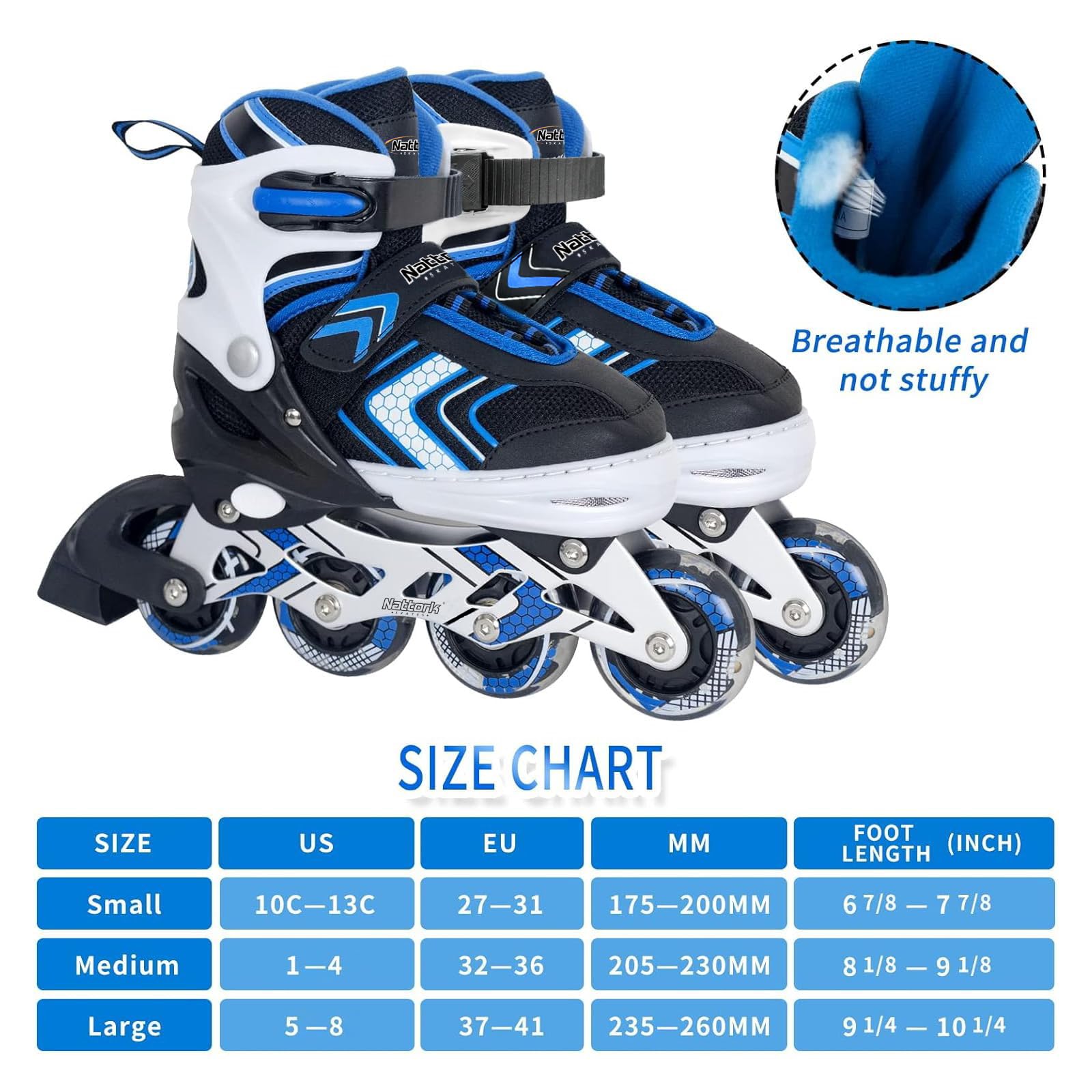 Nattork Roller Skates for Boys with Full Light up Wheels, Adjustable Beginner Inline Skates for Little Kids, Blue, Size 10J 12J 13J